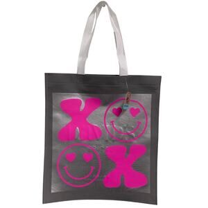 New Upcycled Hand Printed XOXO Heart Smiley Face Valentine Shopper Tote Bag